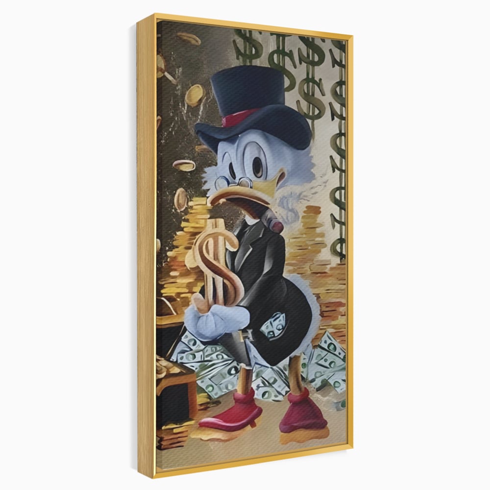 Tablou canvas cu tablou canvas cu scrooge duck si bani, in rama de aluminiu auriu